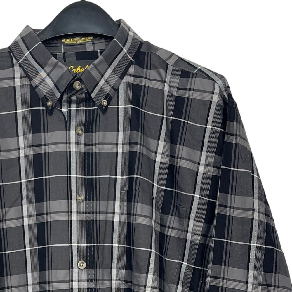 Cabelas Mens 2XL WRINKLE FREE Cotton Button Down Shirt Black Gray Plaid M10SH363